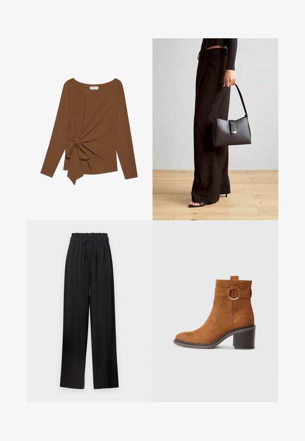 Brown long-sleeve top featuring a wide neckline and a knot detail on one side, made of soft, textured fabric.; Black wide-leg pants with an elastic waistband and drawstring feature. Made from a smooth fabric with no visible patterns or hardware.; Brown suede ankle boot with a rounded toe, block heel, and a decorative strap featuring a circular buckle detail.; Black handbag with structured shape, smooth texture, and a metallic clasp. Paired with wide black pants and open-toe sandals on wooden floor.