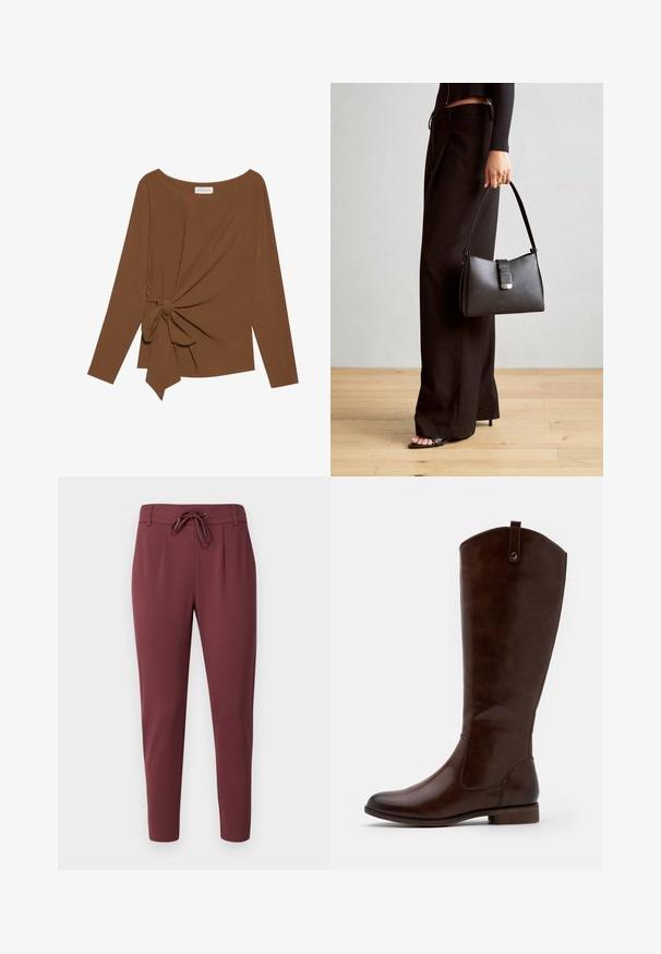Brauner Langarm-Top mit weitem Ausschnitt und Knoten-Detail auf einer Seite, aus weichem, strukturiertem Stoff.; Burgunderfarbene Hose mit elastischem Bund und verstellbarem Kordelzug, schmal zulaufenden Beinen und glatter, weicher Stofftextur. Mit vorderen Fälteln für einen maßgeschneiderten Look.; Braune kniehohe Stiefel aus glattem Leder, mit runder Zehenform, niedrigem Blockabsatz und einem dezente Stichmuster an den Seiten.; Schwarze Handtasche mit strukturierter Form, glatter Textur und einem metallischen Verschluss. Kombiniert mit weiten schwarzen Hosen und offenen Sandalen auf einem Holzboden.