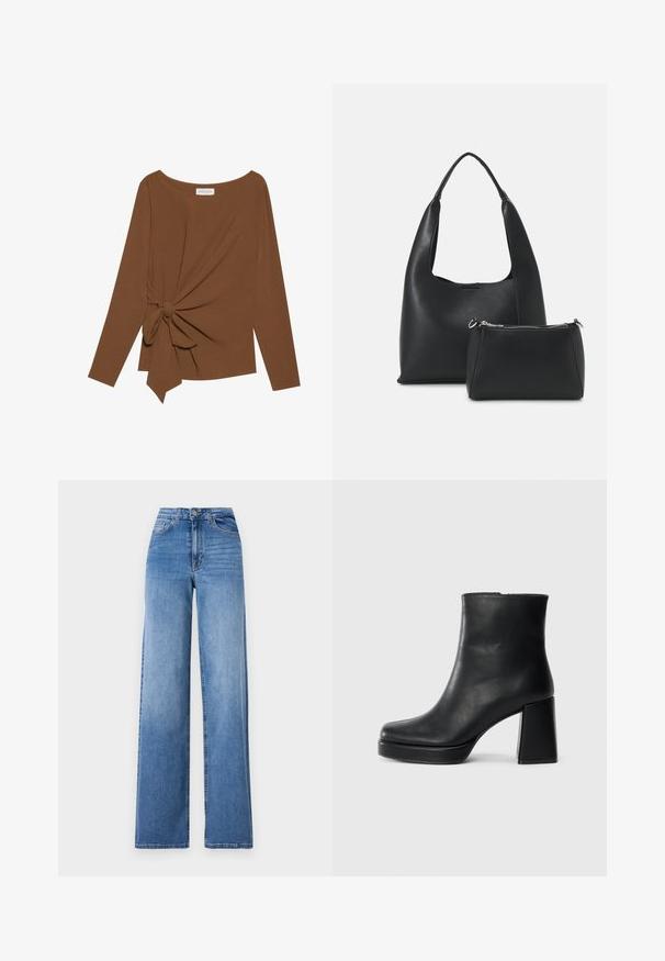 Top marrón de manga larga con un escote amplio y un detalle de nudo en un lado, hecho de una tela suave y texturizada.; Jeans de mezclilla de pernera ancha en azul claro, con talle alto, bolsillos frontales y cierre de botón estándar. Textura suave.; Botín de cuero negro con tacón cuadrado y suela de plataforma, visto de lado sobre un fondo blanco liso.; Even&Odd Bolso de mano - black