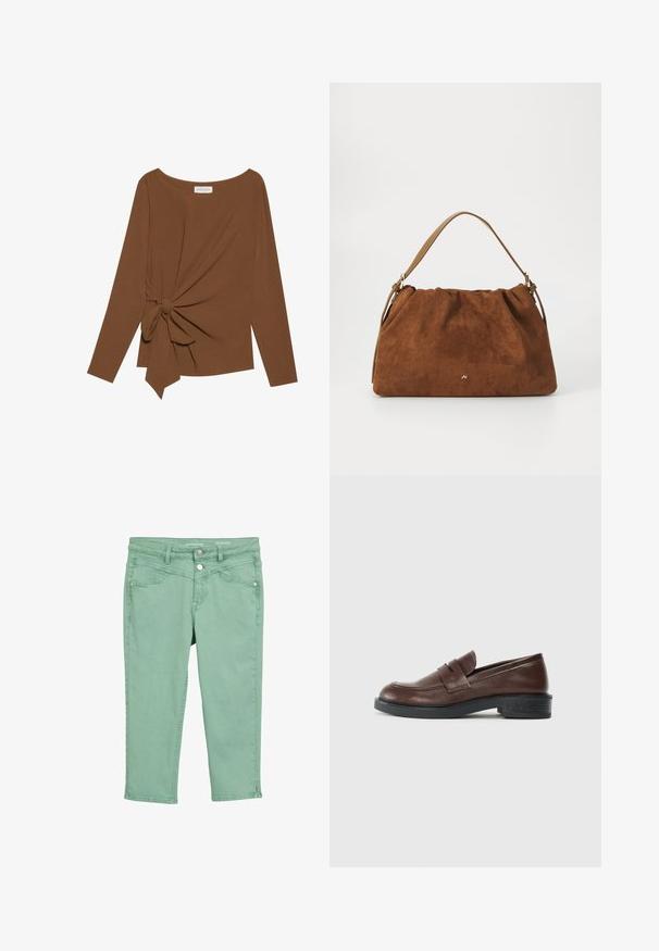 Brūna garām piedurknēm topa, kas izceļas ar plašu dekoltē un mezglu detaļu vienā pusē, izgatavota no mīkstas, teksturētas auduma.; Gaiši zaļas kokvilnas cropped bikses ar gludu tekstūru. Satur priekšējos kabatas, pogu un rāvējslēdzēja aizdari, kā arī apakšmalas akcentus.; Brūni ādas loafers ar apaļu purngalu, ar dekoratīvu jostu pāri augšai un zemu, strukturētu melnu gumijas papēdi.; Brūna zamšāda soma ar savilkšanas dizainu, kurai ir viena gaiši brūna ādas siksna un smalka zelta logo detaļa priekšpusē.