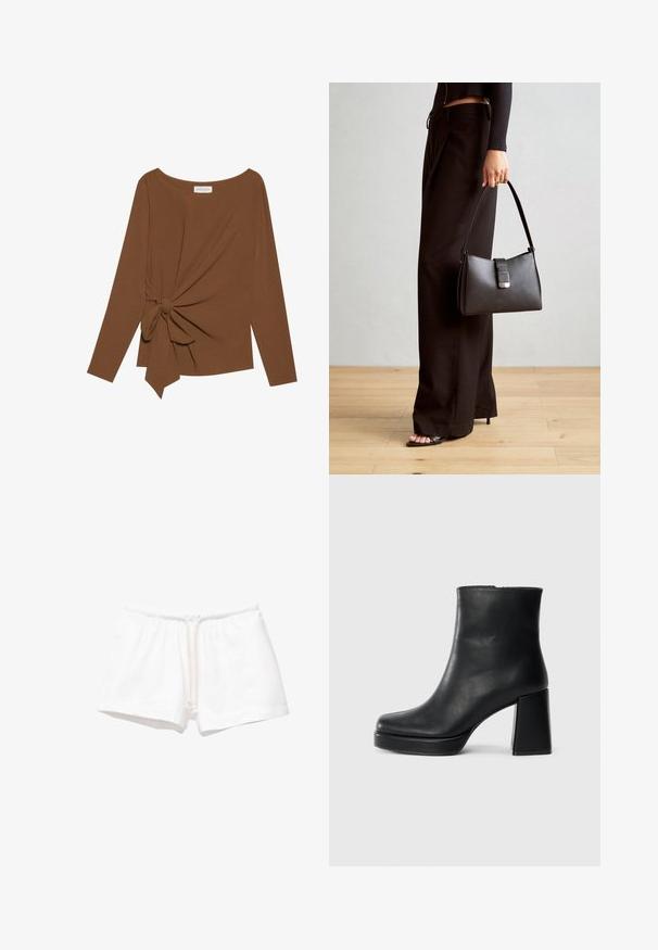 Cămașă lungă maro cu mâneci lungi, având un decolteu larg și un detaliu nod pe o parte, confecționată dintr-un material moale, texturat.; Șorturi albe din bumbac, cu talie elastică și șnur, având o textură netedă și fără modele sau accente suplimentare.; Botină din piele neagră, cu toc pătrat și talpă platformă, văzută din lateral pe un fundal alb simplu.; Genți negre cu o formă structurată, textură netedă și un închizător metalic. Asortată cu pantaloni negri largi și sandale cu vârf deschis pe un podea din lemn.