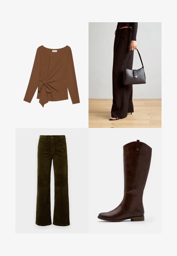 Pruuni pikad varrukad ja laia kaelusega topp, millel on ühe külje sõlmekaunistus, valmistatud pehmest ja tekstuuriga kangast.; Sügav oliivroheline corduroy'ist pläti püksid. Omavad viit taskut, nupuga sulgemist ja vertikaalset ribakoe. Standardne istuvus klassikalise disainiga.; Prunadest kõrge kontsaga saapad, mis on valmistatud siledast nahast, ümarate varvastega, madala tindikontsaga ja peene õmblusmustriga külgedel.; Must musta kott, millel on struktureeritud kuju, sile tekstuur ja metallist klamber. Kombineeritud laiate mustade pükstega ja avatud varvaste sandaalidega puidust põrandal.