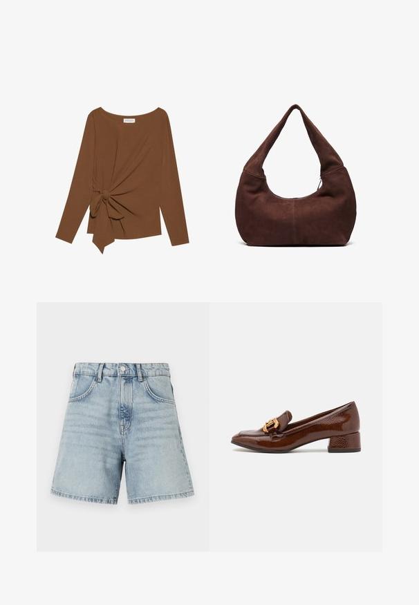 Smeđa majica dugih rukava s širokim izrezom i čvorom s jedne strane, izrađena od mekog, teksturiranog materijala.; Svijetloplave traper kratke hlače s visokim strukom, dizajem s pet džepova i sirovim rubom. Tkanina ima blago izblijedjeli izgled s vidljivim detaljima šivanja.; Smeđe kožne mokasine s sjajnom završnom obradom, s ukrasnom zlatnom kopčom sprijeda i niskim blok petama. Klasičan dizajn.; Smeđa suknjena hobo torba s zakrivljenom, širokom ručkom i velikim otvorom. Mekana tekstura s vidljivim šavovima duž rubova.