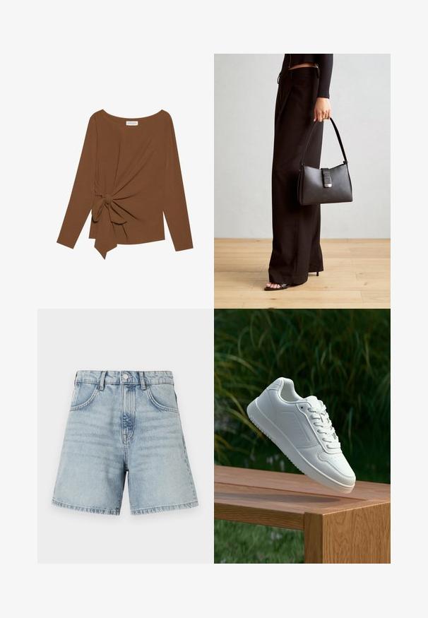 Hnědý dlouhý rukáv top s širokým výstřihem a detaily uzlu na jedné straně, vyrobený z měkké texturované látky.; Světlé modré denimové kraťasy s vysokým pasem, designem pěti kapes a surovým lemem. Materiál má mírné opotřebení s viditelnými švy.; Bílé tenisky s hladkým syntetickým svrškem, perforovanou špičkou, plochými tkaničkami a texturovanou podrážkou, vystavené na dřevěném povrchu.; Černá kabelka se strukturovaným tvarem, hladkým povrchem a kovovým uzávěrem. Kombinována s širokými černými kalhotami a sandály s otevřenou špičkou na dřevěné podlaze.