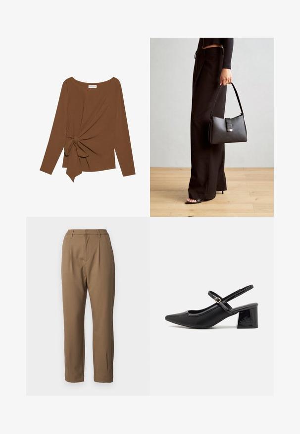 Brązowy, długi rękaw top z szerokim dekoltem i węzełkowym detalem po jednej stronie, wykonany z miękkiego, teksturowanego materiału.; Brązowe spodnie z gładkiego materiału, o dopasowanym kroju, z fałdami z przodu i prostymi nogawkami, posiadające kieszenie boczne.; Czarne lakierowane czółenka na słupku ze spiczastym noskiem, lekko zaokrąglonym wycięciem i obcasem w kształcie bloku. Posiadają złotą klamrę jako akcent dekoracyjny.; Czarna torebka o usztywnionym kształcie, gładkiej fakturze i metalowym zapięciem. Połączona z szerokimi czarnymi spodniami i sandałami na otwartym palcu na drewnianej podłodze.