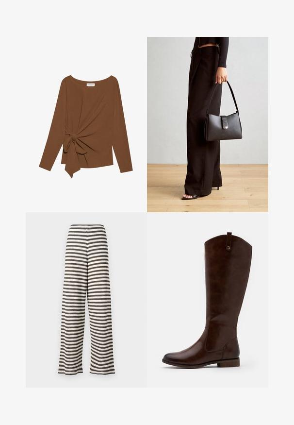Brun langermet topp med bred hals og en knutedetalj på den ene siden, laget av mykt, teksturert stoff.; Bredde bukser i svart og hvitt stripemønster, med en teksturert overflate og elastisk midje for komfort.; Brune kneehøye støvler laget av glatt lær, med rund tå, lav stablet hæl og et subtilt søm mønster langs sidene.; Svart håndveske med strukturert form, jevn tekstur og metallisk lås. Kombinert med brede svarte bukser og sandaler med åpen tå på tregulv.