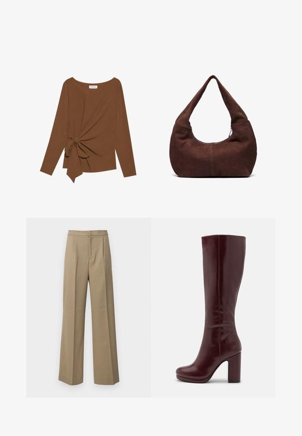 Brown long-sleeve top featuring a wide neckline and a knot detail on one side, made of soft, textured fabric.; Beige wide-leg trousers made from a textured fabric. Features front pleats and a flat waistband. No visible fasteners or pockets.; Anna Field High heeled boots - red; Brown suede hobo bag with a curved, wide handle and a large opening. Soft texture with visible stitching detailing along the edges.