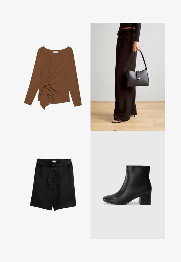 Brauner Langarm-Top mit weitem Ausschnitt und Knoten-Detail auf einer Seite, aus weichem, strukturiertem Stoff.; Schwarze Leinenshorts mit entspannter Passform, ausgestattet mit einem elastischen Bund und einem abnehmbaren Bindegürtel. Glatte Textur, keine Muster oder Akzente.; Schwarze Leder-Ankle-Boots mit spitzem Zehenbereich und klobigem Absatz. Glatte Textur mit minimalen Akzenten und einem eleganten, taillierten Design.; Schwarze Handtasche mit strukturierter Form, glatter Textur und einem metallischen Verschluss. Kombiniert mit weiten schwarzen Hosen und offenen Sandalen auf einem Holzboden.