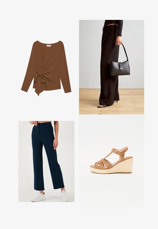 Ruda ilga rankovė viršutinė dalis su plačiu iškirpimu ir mazgo detale vienoje pusėje, pagaminta iš minkštos, tekstūruotos medžiagos.; Tamsiai mėlynos plačios kelnės su lygiu paviršiumi, priekiniais mygtukais ir dviem šoninėmis kišenėmis, derinamos su baltais sportiniais bateliais.; Šviesiai rusvi platforminiai sandalai su kryžminiu dirželiu, reguliuojamu kulkšnies sagtim ir tekstūruotu pintiniu espadrilės tipo platformu.; Juodas rankinė struktūrizuota forma, lygi tekstūra ir metalinis užsegimas. Suporuota su plačiomis juodomis kelnėmis ir atvirais bateliais ant medinių grindų.