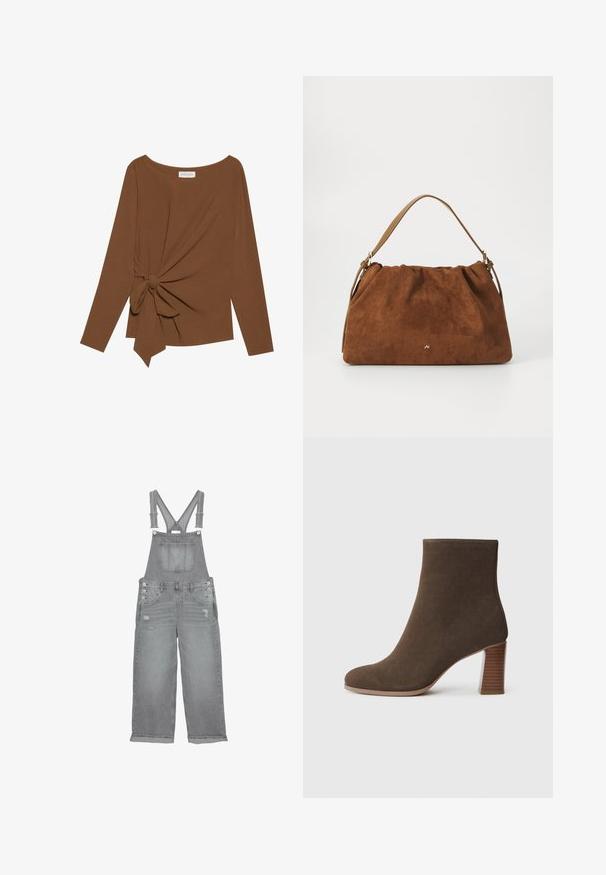 Brauner Langarm-Top mit weitem Ausschnitt und Knoten-Detail auf einer Seite, aus weichem, strukturiertem Stoff.; Graue Denim-Latzhose mit verstellbaren Trägern, Brusttasche, Seitenknöpfen und verwaschenen Details an den Beinen.; Braune Wildleder-Ankle-Boots mit runder Zehenform und einem gestuften, strukturierten Absatz. Glatte Oberfläche ohne sichtbare Verschlüsse oder Verzierungen.; Braune Wildlederhandtasche mit einem gerafften Design, ausgestattet mit einem einzelnen hellbraunen Ledertragegurt und einem subtilen goldenen Logo-Detail auf der Vorderseite.