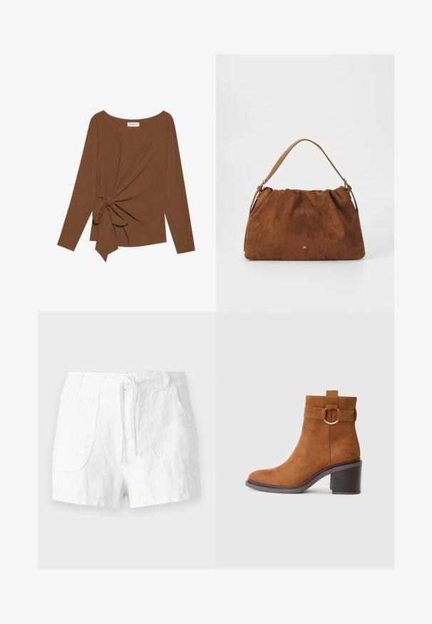 Hnědý dlouhý rukáv top s širokým výstřihem a detaily uzlu na jedné straně, vyrobený z měkké texturované látky.; Bílé lněné šortky s páskem na stažení, mají dvě přední kapsy a hladkou texturu. Jednoduchý design bez ozdob.; Hnědé semišové kotníkové boty s kulatou špičkou, blokovým podpatkem a ozdobným páskem se zaoblenou přezkou.; Hnědá semišová kabelka se skládáním, s jedním světlým koženým popruhem a decentním zlatým logem na přední straně.