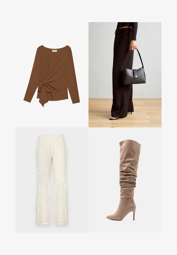 Bruine lange mouwen top met een brede halslijn en een knoopdetail aan één zijde, gemaakt van zachte, gestructureerde stof.; Kanten flared broeken in off-white kleur, met een bloemenpatroon over de gehele lengte, een gladde textuur en een aansluitende taille.; Beige faux suede over-the-knee laars met slouchy ontwerp, puntige neus en een 10 cm hoge stilettohak. Gladde textuur en minimalistische stijl.; Zwarte handtas met gestructureerde vorm, gladde textuur en een metalen sluiting. Gecombineerd met brede zwarte broeken en sandalen met open teen op een houten vloer.