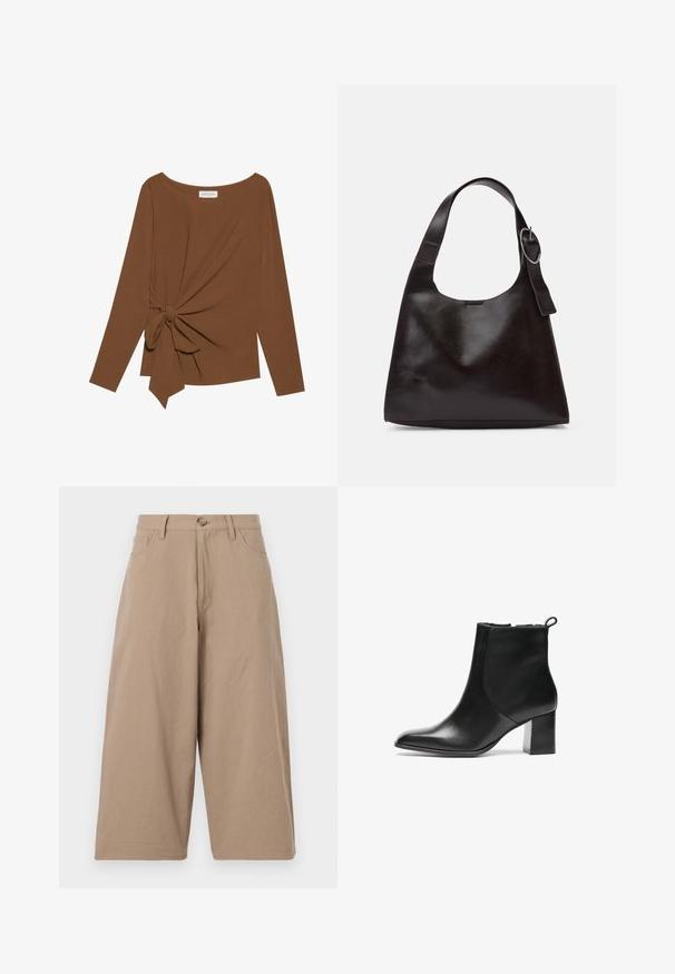 Top castanho de manga longa com decote largo e detalhe em nó de um lado, feito de um tecido suave e texturizado.; Calças largas em caqui feitas de algodão, com uma cintura alta, bolsos frontais e um fecho de botão único. Textura suave e corte direito.; Bota de tornozelo em pele preta com bico arredondado, um salto bloco de altura média e uma aba de puxar na parte de trás. Textura suave, design minimalista.; Bolsa de ombro em pele castanha com uma textura suave, forma arredondada, alça larga e um detalhe metálico circular na pega.