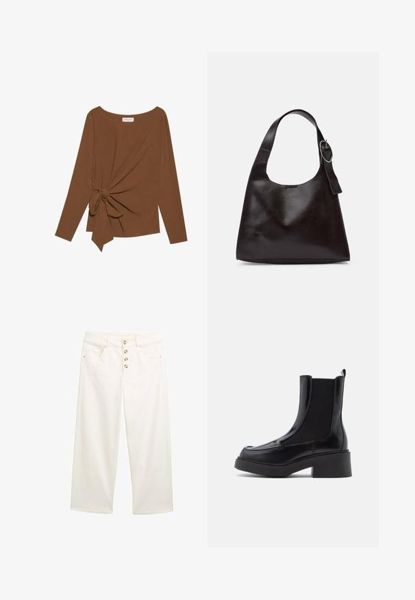 Brązowy, długi rękaw top z szerokim dekoltem i węzełkowym detalem po jednej stronie, wykonany z miękkiego, teksturowanego materiału.; Białe jeansy z szerokimi nogawkami, z pięcioma guzikami, przednimi kieszeniami i gładką teksturą. Proste nogawki ze starannie wykończonymi brzegami i dyskretnymi detalami przeszyć.; Czarne botki chelsea na grubym obcasie, z błyszczącej skórzanej wierzchniej i elastycznymi bocznymi panelami dla łatwego zakładania. Solidna gumowa podeszwa.; Brązowa skórzana torba na ramię o gładkiej teksturze, zaokrąglonym kształcie, szerokim pasku i okrąłym metalowym akcentem na uchwycie.