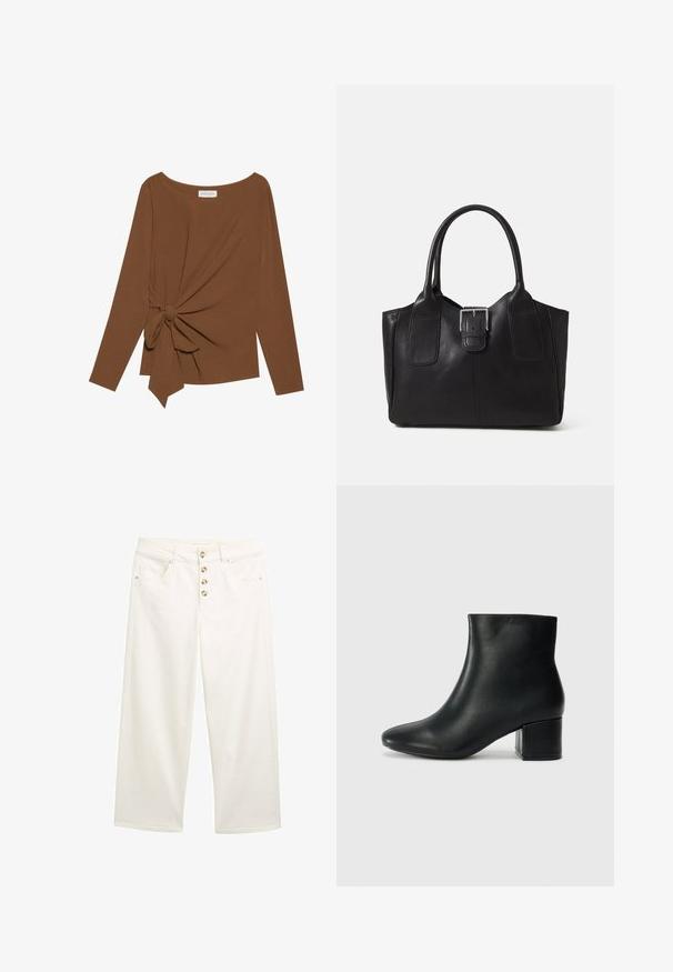 Brūna garām piedurknēm topa, kas izceļas ar plašu dekoltē un mezglu detaļu vienā pusē, izgatavota no mīkstas, teksturētas auduma.; Baltas platās kājas džinsi ar piecu pogu aizdari, priekšējām kabatām un gludu tekstūru. Taisnas kājas ar tīrām apakšmalām un izsmalcinātiem šuvju detalizējumiem.; Melna ādas potīšu zābaki ar smailu purngalu un masīlu papēdi. Gluda tekstūra ar minimāliem akcentiem un gludu, pieguļošu dizainu.; Melnas ādas somiņa ar gludu tekstūru, strukturētu formu, divām rokturām un izteiktu sudraba sprādzi priekšpusē.