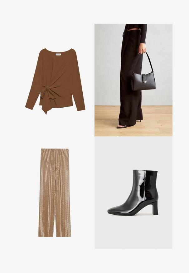 Smeđa majica dugih rukava s širokim izrezom i čvorom s jedne strane, izrađena od mekog, teksturiranog materijala.; Svijetlosmeđi plisirani hlače od sjajnog materijala, sa teksturiranim uzorkom cik-cak i elastičnom naramenicom za udobnost.; Crne lakirane kožne gležnjače s šiljastim prstom i srednje visokom blok petom. Glatka tekstura i minimalistički dizajn.; Crna torba s oblikom koji sadrži strukturu, glađu teksturu i metalnu kopču. Uparena s širokim crnim hlačama i sandalama na otvorenom s drvenog poda.