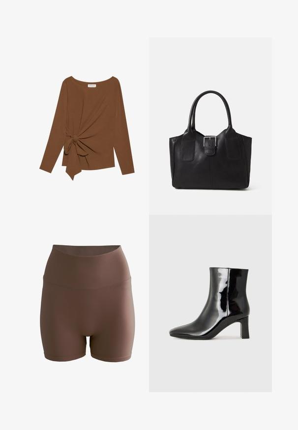 Brun langærmet top med en bred halsudskæring og en knude detalje på den ene side, lavet af blødt, tekstureret stof.; aim’n® SHAPE SEAMLESS - Shorts - brown; Sort lakeret ankelstøvle med spids tå og en midt-højde blokhæl. Glat tekstur og minimalistisk design.; Sort læder tote taske med glat tekstur, struktureret form, to håndtag og en fremtrædende sølvspænde detalje på forsiden.