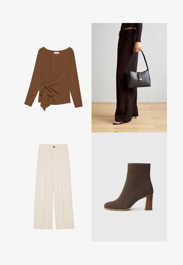 Rjava dolgosleeve majica z širokim izrezom in vozlom na eni strani, izdelana iz mehkega, teksturiranega blaga.; Hlače z visokim pasom in širokimi nogavicami iz kremnega blaga, ki imajo dva stranska žepa, en sprednji gumb in sprednje naborke za dodaten detajl.; Rjave semiš gležnjarji z zaobljenim nosom in nagubanem, teksturiranem petam. Gladka zunanjost brez vidnih zakovic ali okraskov.; Črna torbica z strukturirano obliko, gladko teksturo in kovinskim zaponko. Ujemajo se z širokimi črnimi hlačami in odprtimi sandali na lesenem tleh.