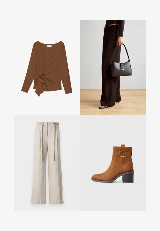 Ruda ilga rankovė viršutinė dalis su plačiu iškirpimu ir mazgo detale vienoje pusėje, pagaminta iš minkštos, tekstūruotos medžiagos.; Plačios kojos kelnės šviesiai béžinės spalvos lininės medžiagos, su aukšta juosmens linija, priekinėmis klostėmis ir surišamu diržu. Lygus paviršius ir laisvas fasonas.; Rudi odiniai aulinukai iki kulkšnių su apvalia nosimi, bloko kulnu ir dekoratyvine juostele su apvaliu sagtimi.; Juodas rankinė struktūrizuota forma, lygi tekstūra ir metalinis užsegimas. Suporuota su plačiomis juodomis kelnėmis ir atvirais bateliais ant medinių grindų.