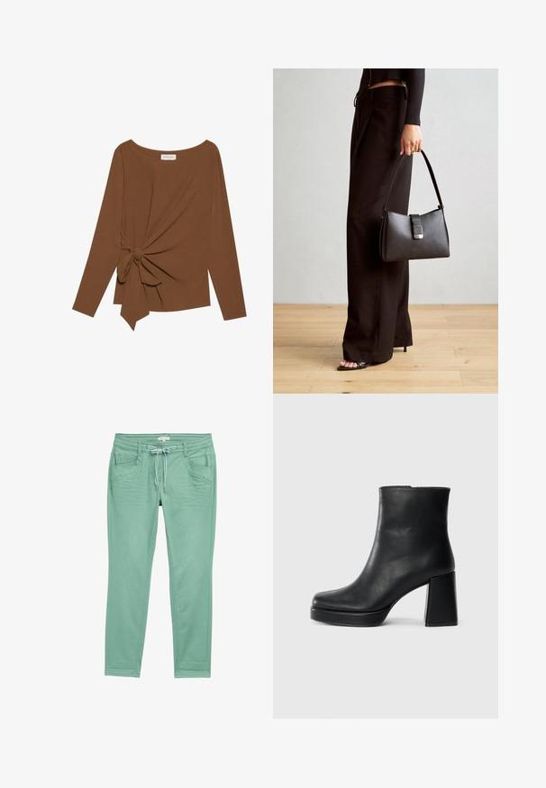 Rjava dolgosleeve majica z širokim izrezom in vozlom na eni strani, izdelana iz mehkega, teksturiranega blaga.; Hlače mint zelene barve iz mehkega materiala, z elastičnim pasom na vrvico, dvema sprednjima žepoma in diskretno šivi ob stranskih šivih.; Črne usnjene gležnjarje z blok peto in platformo, prikazane s strani na enobarvni beli podlagi.; Črna torbica z strukturirano obliko, gladko teksturo in kovinskim zaponko. Ujemajo se z širokimi črnimi hlačami in odprtimi sandali na lesenem tleh.