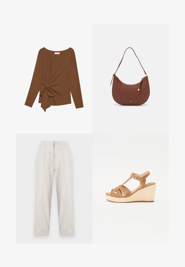 Brūna garām piedurknēm topa, kas izceļas ar plašu dekoltē un mezglu detaļu vienā pusē, izgatavota no mīkstas, teksturētas auduma.; Krema krāsas bikses ar taisnu kāju dizainu, ar priekšējiem krokām, divām sānu kabatām un vidēja augsta jostasvietu.; Brūnas siksnu sandales ar krusteniskām siksnām, regulējamu potītes sprādzi un teksturētu auduma espadrilju stila papēdi.; Brūns mākslīgās ādas pleca soma ar izliekta forma, minimāls šuvums un zelta toņa aparatūras akcenti. Aprīkota ar augšējo rāvējslēdzēju un regulējamu siksnu.