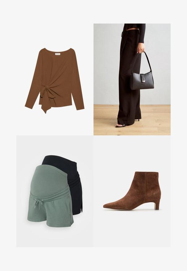 Ruda ilga rankovė viršutinė dalis su plačiu iškirpimu ir mazgo detale vienoje pusėje, pagaminta iš minkštos, tekstūruotos medžiagos.; Juodos ir žalios spalvos nėščiųjų šortų komplektas. Minkšta medvilnės medžiaga, laisvas siluetas, reguliuojamas juosmuo su šnurku, su sluoksniuoto dizaino ypatybėmis.; Anna Field LEATHER - Aulinukai - tan; Juodas rankinė struktūrizuota forma, lygi tekstūra ir metalinis užsegimas. Suporuota su plačiomis juodomis kelnėmis ir atvirais bateliais ant medinių grindų.