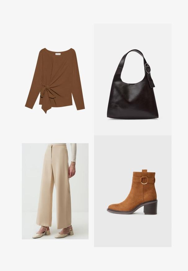 Brown long-sleeve top featuring a wide neckline and a knot detail on one side, made of soft, textured fabric.; Beige wide-leg trousers made of smooth fabric, featuring a high waist, pleats, and a clean finish. Paired with beige heeled shoes.; Brown suede ankle boot with a rounded toe, block heel, and a decorative strap featuring a circular buckle detail.; Brown leather shoulder bag with a smooth texture, rounded shape, wide strap, and circular metallic accent on the handle.