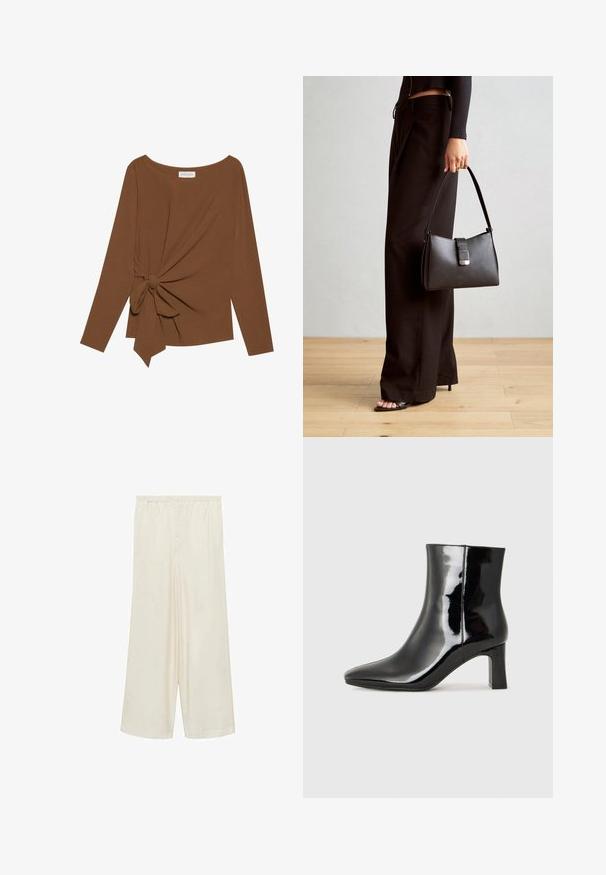 Hnedý dlhý rukáv top s širokým výstrihom a uzlom na jednej strane, vyrobený z mäkkej textúrovanej látky.; Krémové široké nohavice s elastickým pásom a jemnou, hladkou tkaninou. Zdobené plisovaním a voľným, splývavým strihom.; Čierne lakované členkové topánky s špicatou špičkou a stredne vysokým blokovým podpätkom. Hladká textúra a minimalistický dizajn.; Čierna kabelka so štruktúrovaným tvarom, hladkou textúrou a kovovou sponou. V kombinácii so širokými čiernymi nohavicami a sandálmi s otvorenou špičkou na drevenej podlahe.