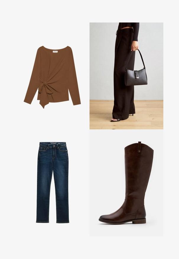 Top marrón de manga larga con un escote amplio y un detalle de nudo en un lado, hecho de una tela suave y texturizada.; Jeans rectos de mezclilla en azul oscuro, con cinco bolsillos, cierre de botón de metal y costuras en contraste. Sin desgastes visibles.; Botas marrones hasta la rodilla, hechas de cuero liso, con punta redondeada, tacón bajo apilado y un sutil patrón de costura a lo largo de los lados.; Bolso negro con forma estructurada, textura suave y un cierre metálico. Combinado con pantalones anchos negros y sandalias de dedo en un suelo de madera.