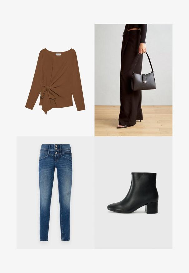 Brūna garām piedurknēm topa, kas izceļas ar plašu dekoltē un mezglu detaļu vienā pusē, izgatavota no mīkstas, teksturētas auduma.; Šaurās džinses tumši zilā džinsā ar nodilušu apdari, augsta vidukļa josta, divu pogu aizdare un nolietojumu detaļas uz kājām.; Melna ādas potīšu zābaki ar smailu purngalu un masīlu papēdi. Gluda tekstūra ar minimāliem akcentiem un gludu, pieguļošu dizainu.; Melnā somiņa ar strukturētu formu, gludu tekstūru un metālu sprādzi. Saskaņota ar platām melnām biksēm un sandālēm ar atvērtu purngalu uz koka grīdas.