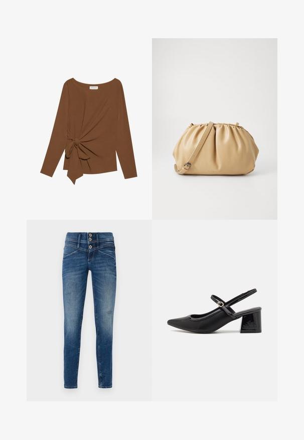 T-shirt brun à manches longues avec un col large et un détail de nœud sur un côté, fabriqué dans un tissu doux et texturé.; Jeans skinny en denim bleu foncé avec une finition délavée, présentant une taille haute, une fermeture à deux boutons et des détails déchirés sur les jambes.; Escarpins slingback en cuir verni noir avec un embout pointu, un design à découpes arrondies et un talon carré. Présente un accent de boucle en ton doré.; Sac à main en cuir tan avec un design plissé, une sangle ajustable et une forme arrondie. Branding minimaliste sur la surface avant.