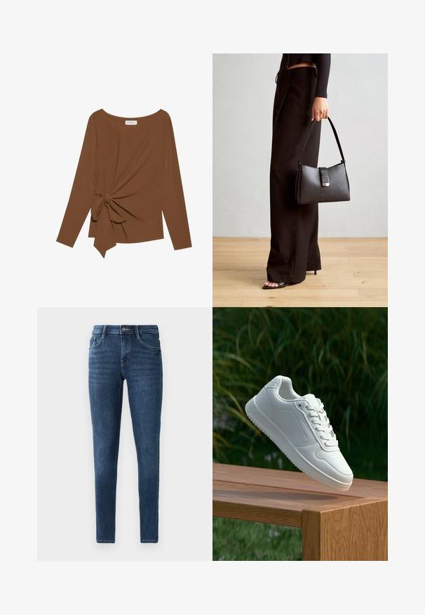 Top castanho de manga longa com decote largo e detalhe em nó de um lado, feito de um tecido suave e texturizado.; Jeans skinny em denim azul escuro com um design clássico de cinco bolsos, fecho frontal com botão e detalhes de costura subtil. Textura suave em todo o tecido.; Sapatilha branca com um cabedal sintético liso, caixa dos dedos perfurada, atacadores planos e uma sola texturizada, exposta sobre uma superfície de madeira.; Bolsa preta com forma estruturada, textura suave e um fecho metálico. Combinada com calças largas pretas e sandálias de salto aberto sobre um chão de madeira.