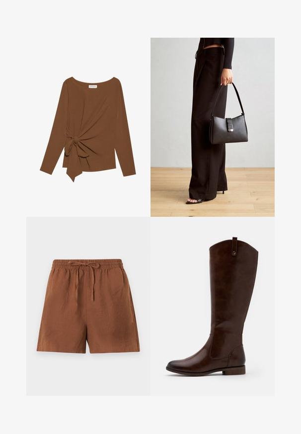 Maglia marrone a maniche lunghe con scollatura ampia e un dettaglio a nodo su un lato, realizzata in tessuto morbido e testurizzato.; Shorts marroni leggeri con vita elastica e laccetto. Presentano una vestibilità ampia e una superficie liscia, adatti per un abbigliamento informale.; Stivali marroni al ginocchio realizzati in pelle liscia, con punta arrotondata, tacco basso impilato e un motivo di cucitura sottile lungo i lati.; Borsa nera con forma strutturata, texture liscia e una chiusura metallica. Abbinata a pantaloni neri larghi e sandali open-toe su un pavimento in legno.
