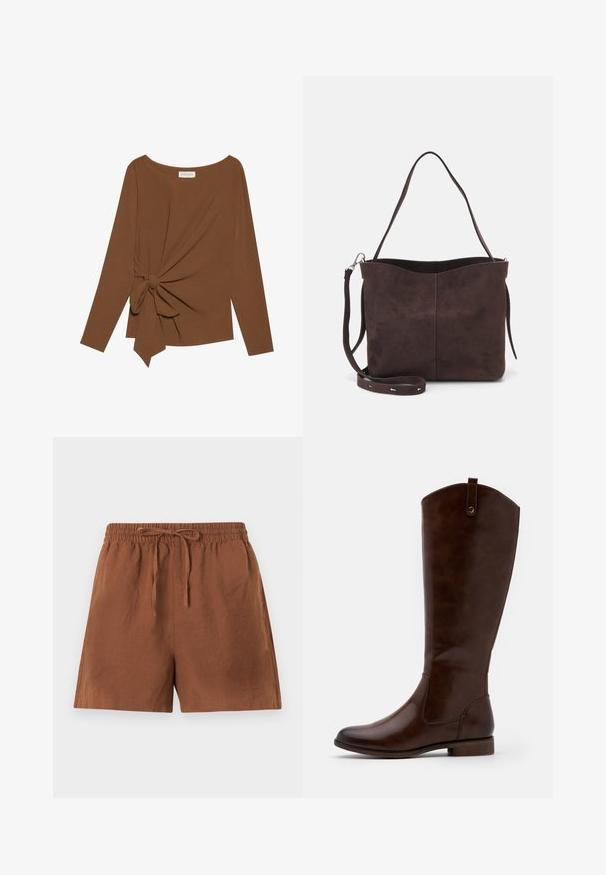 Hnědý dlouhý rukáv top s širokým výstřihem a detaily uzlu na jedné straně, vyrobený z měkké texturované látky.; Hnědé, lehké šortky s elastickým pasem a tkaničkou. Mají volný střih a hladkou texturu, vhodné na běžné nošení.; Hnědé kozačky do kolen vyrobené z hladké kůže, s kulatou špičkou, nízkým stohovaným podpatkem a jemným prošitím po stranách.; Hnědá semišová taška přes rameno s jemnou texturou, vybavená jedním popruhem na rameno a decentním zakřiveným horním otvorem. Žádné viditelné detaily z hardware.