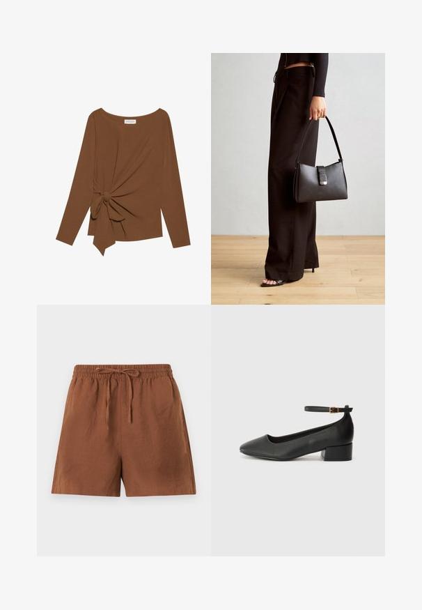 Barna, hosszú ujjú felső, széles nyakkivágással és az egyik oldalon csomó részlettel, puha, texturált anyagból készült.; Barna, könnyű, elasztikus derékpánttal és húzózsinórral ellátott rövidnadrág. Laza szabású és sima tapintású, alkalmas hétköznapi viseletre.; Fekete bőr magassarkú cipő hegyes orral és alacsony tömb sarkal. Bokapánttal rendelkezik, aranyszínű csattal. Simább textúra.; Fekete kézi táska strukturált formával, sima textúrával és fémből készült záródással. Széles fekete nadrággal és nyitott orrú szandállal párosítva, fából készült padlón.