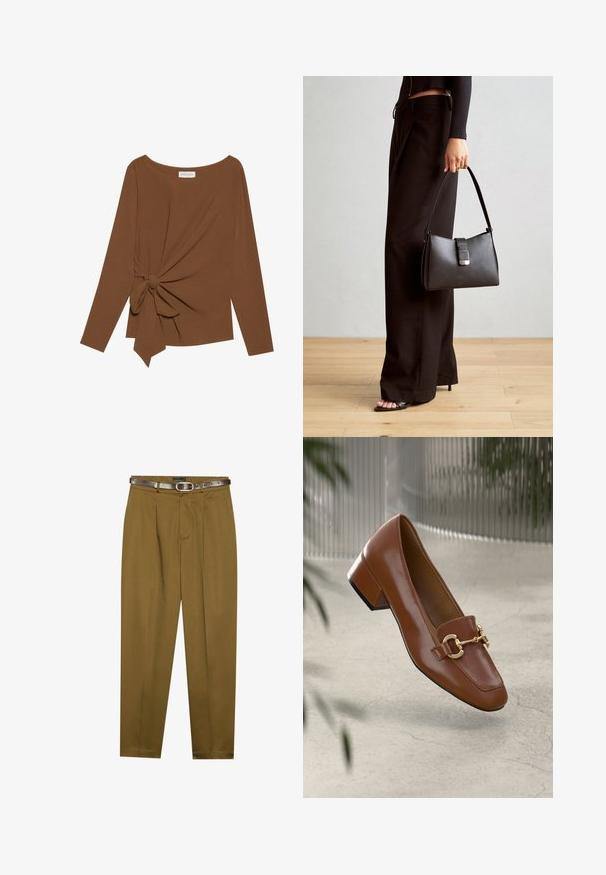 Hnedý dlhý rukáv top s širokým výstrihom a uzlom na jednej strane, vyrobený z mäkkej textúrovanej látky.; Hnedé, strihované nohavice s skladaným predným dielom a priliehavým pásom. Súčasťou je tmavohnedý kožený opasok so zaoblenou prackou.; Hnedé lakované kožené loafers s hranatou špičkou, kovovým reťazovým akcentom a nízkym blokovým podpätkom; hladká textúra, minimalistický dizajn.; Čierna kabelka so štruktúrovaným tvarom, hladkou textúrou a kovovou sponou. V kombinácii so širokými čiernymi nohavicami a sandálmi s otvorenou špičkou na drevenej podlahe.