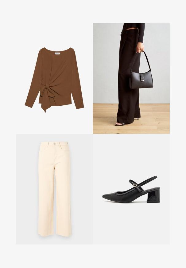 Καφέ μπλούζα με μακριά μανίκια, με πλατιά λαιμόκοψη και λεπτομέρεια κόμπου στη μία πλευρά, φτιαγμένη από μαλακό, υφασματοποιημένο ύφασμα.; Μπεζ παντελόνια φαρδιάς γραμής, φτιαγμένα από βαμβάκι, με ψηλή μέση, κλείσιμο με κουμπί και δύο μπροστινές τσέπες με απαλό, υφασμάτινο φινίρισμα.; Μαύρα παπούτσια γοβάκια από πατενταρισμένο δέρμα με γωνιαστό μπροστινό μέρος, στρογγυλή κοπή και τετράγωνο τακούνι. Διαθέτουν μια χρυσή αγκράφα ως διακοσμητικό στοιχείο.; Μαύρη τσάντα χειρός με δομημένο σχήμα, λεία υφή και μεταλλικό κούμπωμα. Συνδυασμένη με φαρδιά μαύρα παντελόνια και σανδάλια ανοιχτής μύτης πάνω σε ξύλινο πάτωμα.