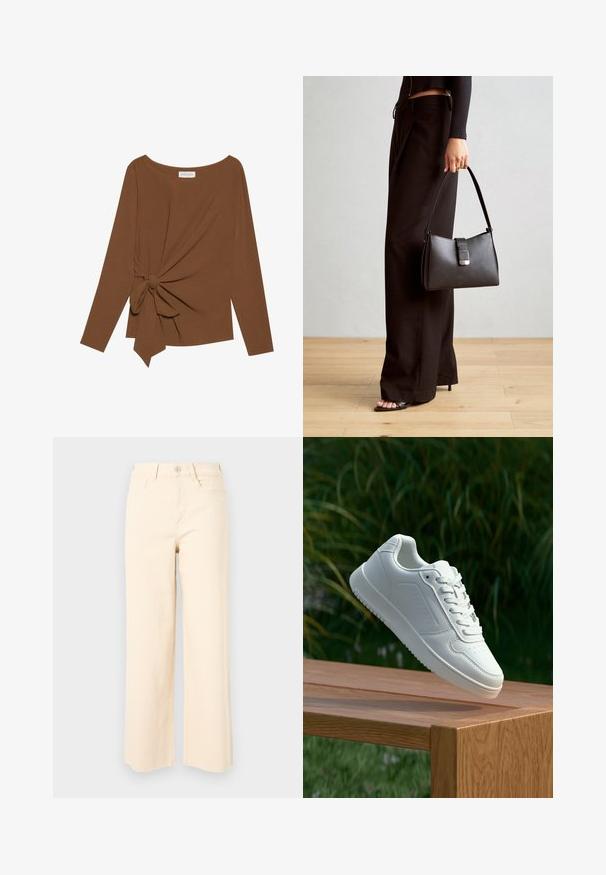 Barna, hosszú ujjú felső, széles nyakkivágással és az egyik oldalon csomó részlettel, puha, texturált anyagból készült.; Bezs színű, bő legű farmernadrág, amely pamutból készült, magas derékkal, gombos záródással és két elülső zsebbel rendelkezik, sima, textúrált felülettel.; Fehér sportcipő sima szintetikus felsőrésszel, perforált lábujjrész, lapos fűzőkkel és texturált talppal, fából készült felületen kihelyezve.; Fekete kézi táska strukturált formával, sima textúrával és fémből készült záródással. Széles fekete nadrággal és nyitott orrú szandállal párosítva, fából készült padlón.