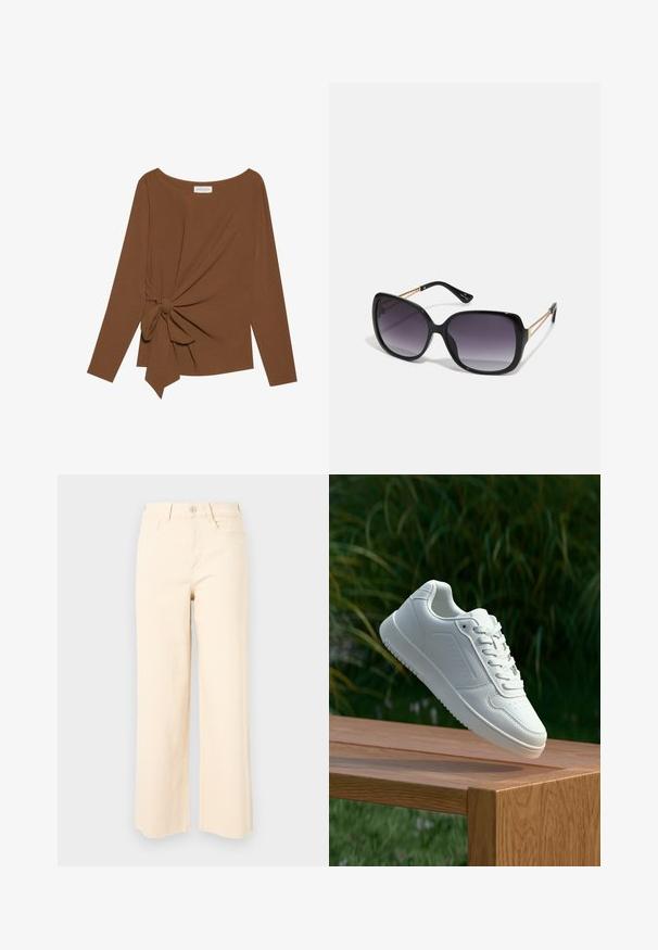 Top marrón de manga larga con un escote amplio y un detalle de nudo en un lado, hecho de una tela suave y texturizada.; Jeans de pierna ancha en color beige, hechos de algodón, con un talle alto, cierre de botón y dos bolsillos frontales con un acabado suave y texturizado.; Zapatilla blanca con un upper sintético suave, caja de dedos perforada, cordones planos y una suela texturizada, exhibida sobre una superficie de madera.; Gafas de sol negras de gran tamaño con lentes degradados, montura gruesa y detalles de cadena en tono dorado en las patillas.; Bolso negro con forma estructurada, textura suave y un cierre metálico. Combinado con pantalones anchos negros y sandalias de dedo en un suelo de madera.
