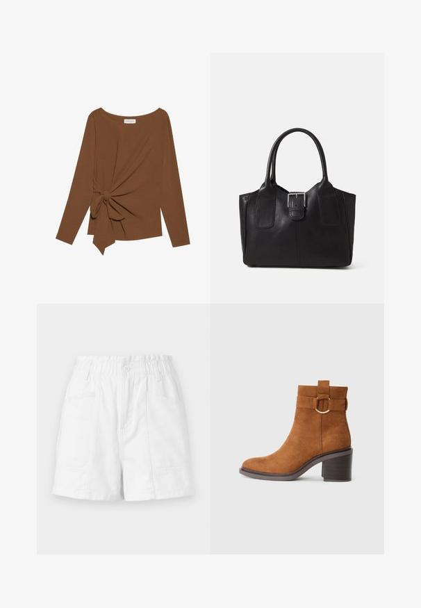 Pruuni pikad varrukad ja laia kaelusega topp, millel on ühe külje sõlmekaunistus, valmistatud pehmest ja tekstuuriga kangast.; Valged puuvillased lühikesed püksid elastse vöökohaga, millel on ees nupp, kaks küljetaskut ja puhas, lihtne disain.; Pruuni nahast pahkluu saapad ümmarguse varbaga, ploki kontsaga ja dekoratiivse rihmaga, millel on ümmargune pandla detail.; Mustgamma nahast kott, millel on sile tekstuur, struktureeritud kuju, kaks käepidet ja esiküljel silmapaistev hõbedane pandla detail.