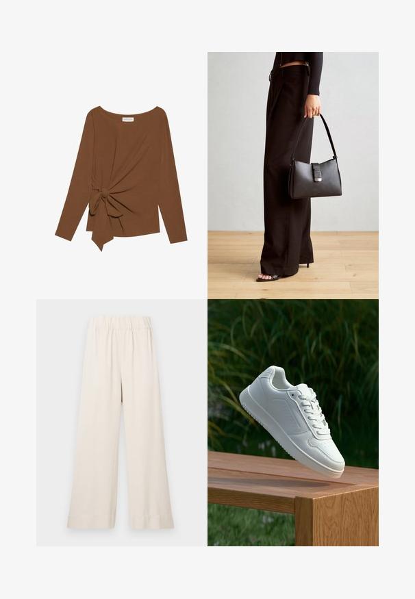 Brūna garām piedurknēm topa, kas izceļas ar plašu dekoltē un mezglu detaļu vienā pusē, izgatavota no mīkstas, teksturētas auduma.; Platām kājām bikses gaiši bēšā krāsā, izgatavotas no mīksta auduma ar elastīgu jostasvietu un bez redzamām aizdares sistēmām vai kabatām.; Baltie sporta apavi ar gludu sintētisku augšpusi, perforētu pirkstu daļu, plakani šņorēm un rakstainu zoli, novietoti uz koka virsmas.; Melnā somiņa ar strukturētu formu, gludu tekstūru un metālu sprādzi. Saskaņota ar platām melnām biksēm un sandālēm ar atvērtu purngalu uz koka grīdas.