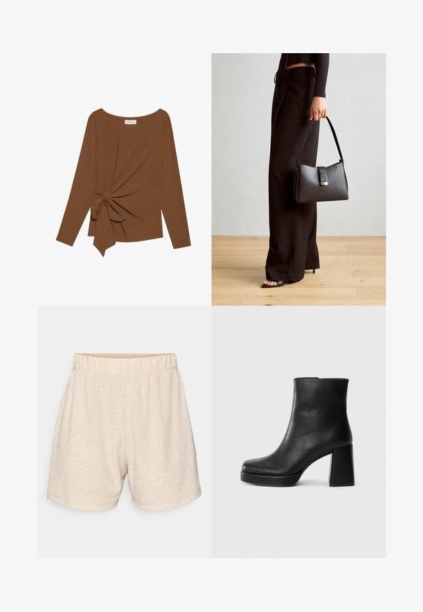 Brūna garām piedurknēm topa, kas izceļas ar plašu dekoltē un mezglu detaļu vienā pusē, izgatavota no mīkstas, teksturētas auduma.; Bežīgas, teksturētas šortos ar elastīgu jostu. Iespējas izplūduši vertikāli svītras un brīvas, taisnas griezuma dizains. Nav kabatu.; Melna ādas potīšu zābaku ar bloku papēdi un platformas zoli, skatīts no sāna uz vienkārša balta fona.; Melnā somiņa ar strukturētu formu, gludu tekstūru un metālu sprādzi. Saskaņota ar platām melnām biksēm un sandālēm ar atvērtu purngalu uz koka grīdas.