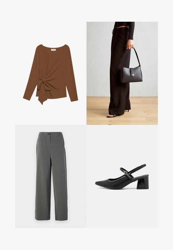 T-shirt brun à manches longues avec un col large et un détail de nœud sur un côté, fabriqué dans un tissu doux et texturé.; Pantalons gris à rayures fines avec une silhouette à jambes larges, dotés d'une fermeture à bouton et d'une texture subtile. Design ajusté pour un fit structuré.; Escarpins slingback en cuir verni noir avec un embout pointu, un design à découpes arrondies et un talon carré. Présente un accent de boucle en ton doré.; Sac à main noir à la forme structurée, texture lisse et fermoir métallique. Associé à un pantalon noir ample et des sandales ouvertes sur un sol en bois.