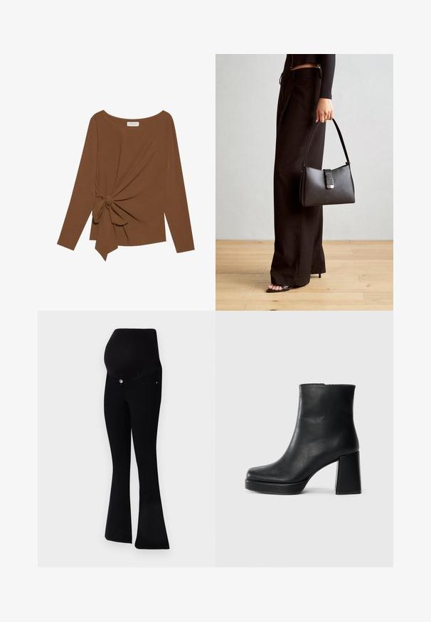 T-shirt brun à manches longues avec un col large et un détail de nœud sur un côté, fabriqué dans un tissu doux et texturé.; Jeans de maternité noirs avec un design à jambes évasées, en tissu doux, une taille haute pour un bon maintien et une fermeture à bouton à l'avant.; Bottine en cuir noir avec un talon bloc et une semelle plateforme, vue de côté sur un fond blanc uni.; Sac à main noir à la forme structurée, texture lisse et fermoir métallique. Associé à un pantalon noir ample et des sandales ouvertes sur un sol en bois.
