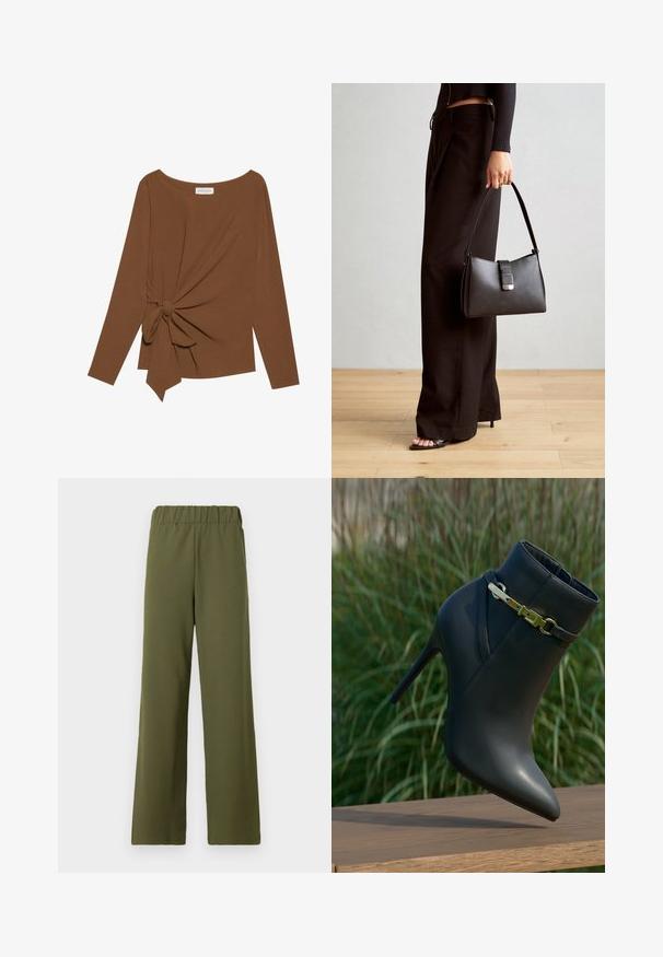 Smeđa majica dugih rukava s širokim izrezom i čvorom s jedne strane, izrađena od mekog, teksturiranog materijala.; TOM TAILOR DENIM PLEATED PANTS - Hlače - grape leaf green; Crne čizme s visokom potpeticom i špicastim vrhom, s zlatnom kopčom, prikazane na drvenoj površini s pozadinom od zelenog lišća.; Crna torba s oblikom koji sadrži strukturu, glađu teksturu i metalnu kopču. Uparena s širokim crnim hlačama i sandalama na otvorenom s drvenog poda.