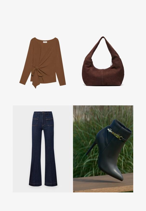 Brun langærmet top med en bred halsudskæring og en knude detalje på den ene side, lavet af blødt, tekstureret stof.; Mørke denim flared jeans med en skræddersyet pasform, høj talje og kontrasterende orange syninger. To for- og baglommer inkluderet.; Sorte højhælede ankelstøvler med spids tå og guldspænde, præsenteret på en træoverflade med grønne planter i baggrunden.; Brun ruskinds hobo taske med et buet, bredt håndtag og en stor åbning. Blød tekstur med synlige stikninger langs kanterne.