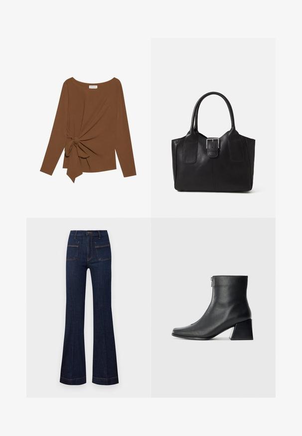 Brown long-sleeve top featuring a wide neckline and a knot detail on one side, made of soft, textured fabric.; Dark denim flared jeans featuring a tailored fit, high waist, and contrasting orange stitching. Two front and back pockets included.; Black leather ankle boot with square toe, side zipper, and block heel against plain light background.; Black leather tote bag with smooth texture, structured shape, two handles, and a prominent silver buckle detail on the front.