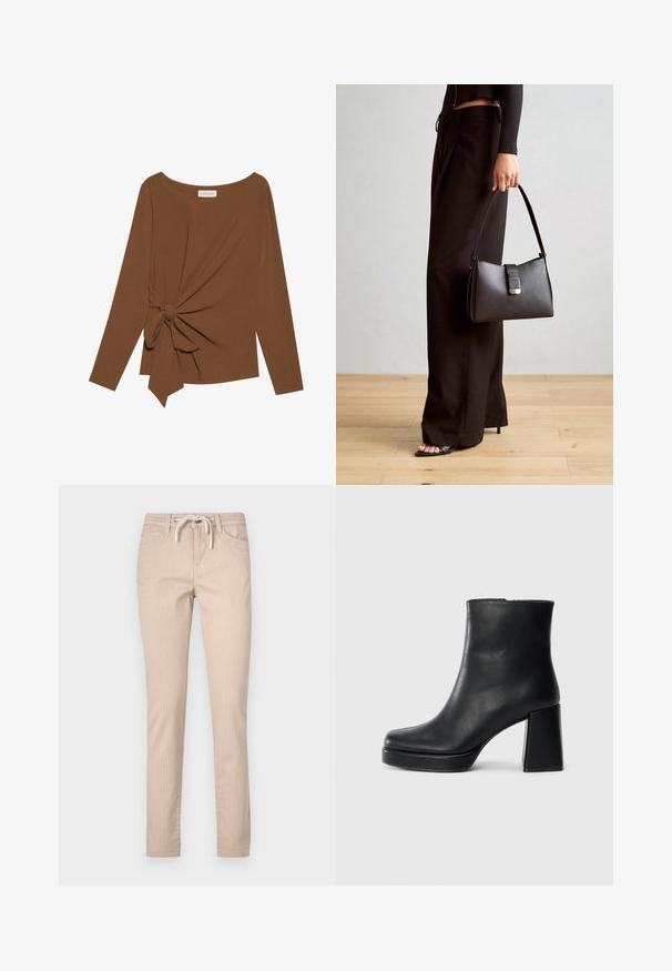 Rjava dolgosleeve majica z širokim izrezom in vozlom na eni strani, izdelana iz mehkega, teksturiranega blaga.; Bež prugaste bombažne hlače z vrvico za regulacijo pasu, zožanimi nogami in dvema sprednjima žepoma. Gladka tekstura, sproščen dizajn.; Črne usnjene gležnjarje z blok peto in platformo, prikazane s strani na enobarvni beli podlagi.; Črna torbica z strukturirano obliko, gladko teksturo in kovinskim zaponko. Ujemajo se z širokimi črnimi hlačami in odprtimi sandali na lesenem tleh.