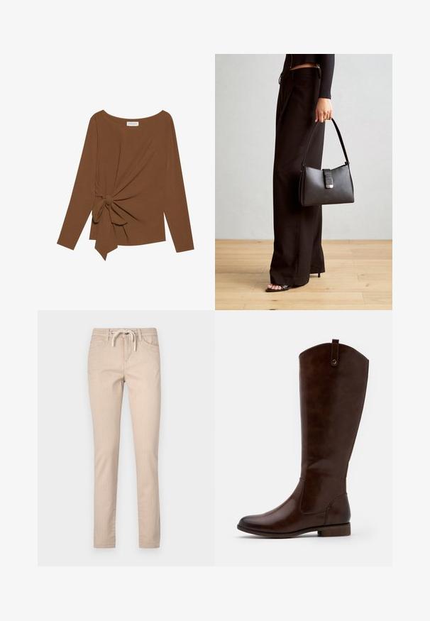 Brūna garām piedurknēm topa, kas izceļas ar plašu dekoltē un mezglu detaļu vienā pusē, izgatavota no mīkstas, teksturētas auduma.; Bēšas svītrainas kokvilnas bikses ar auklas jostu, sašaurinātiem galiem un divām priekšējām kabatām. Gluda tekstūra, ikdienišķs dizains.; Brūni līdz ceļiem zābaki, kas izgatavoti no gludas ādas, ar noapaļotu purngalu, zemu sakrautu papēdi un smalku šuvju rakstu gar sāniem.; Melnā somiņa ar strukturētu formu, gludu tekstūru un metālu sprādzi. Saskaņota ar platām melnām biksēm un sandālēm ar atvērtu purngalu uz koka grīdas.