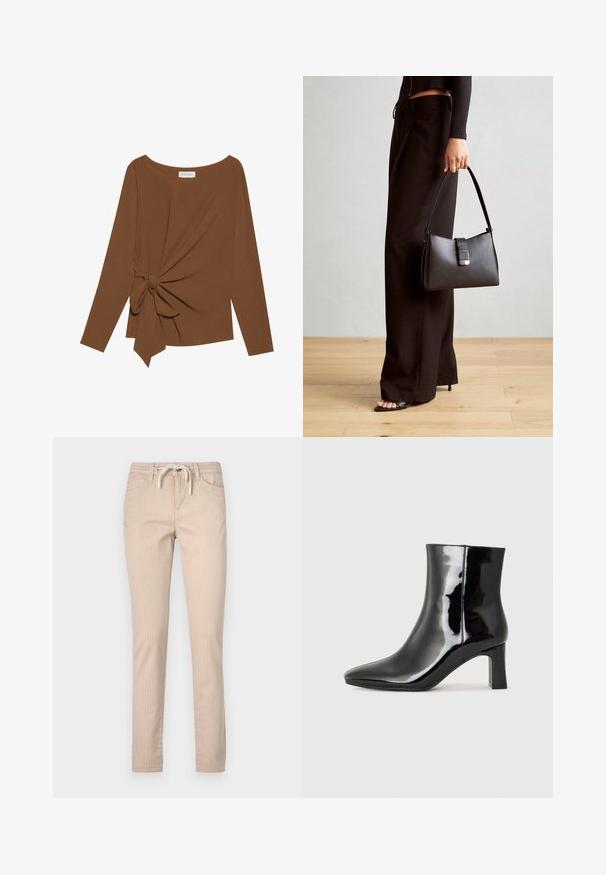 Bruine lange mouwen top met een brede halslijn en een knoopdetail aan één zijde, gemaakt van zachte, gestructureerde stof.; Beige gestreepte katoenen broeken met een trekkingkoord in de taille, taps toelopende pijpen en twee voorzakken. Glad textuur, casual ontwerp.; Zwarte gepolijste leren enkellaars met een spitse neus en een blokhak van gemiddelde hoogte. Glad textuur en minimalistisch ontwerp.; Zwarte handtas met gestructureerde vorm, gladde textuur en een metalen sluiting. Gecombineerd met brede zwarte broeken en sandalen met open teen op een houten vloer.